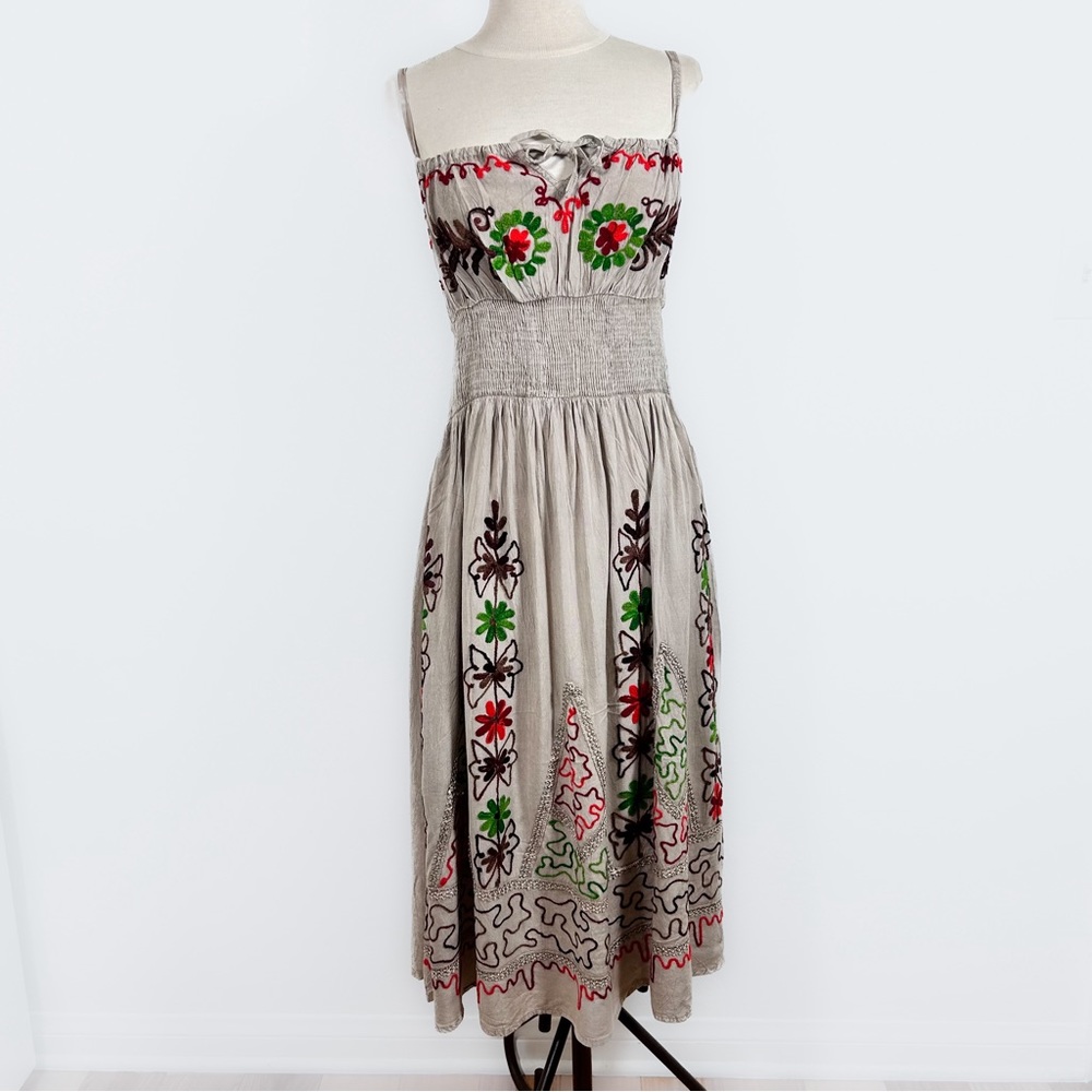 NWT Boho Midi Dress Embroidered Smocked